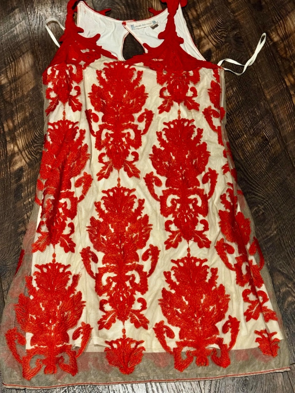 Chelsea & Violet Red Damask Embroidered Mesh Overlay Dress - Size Small